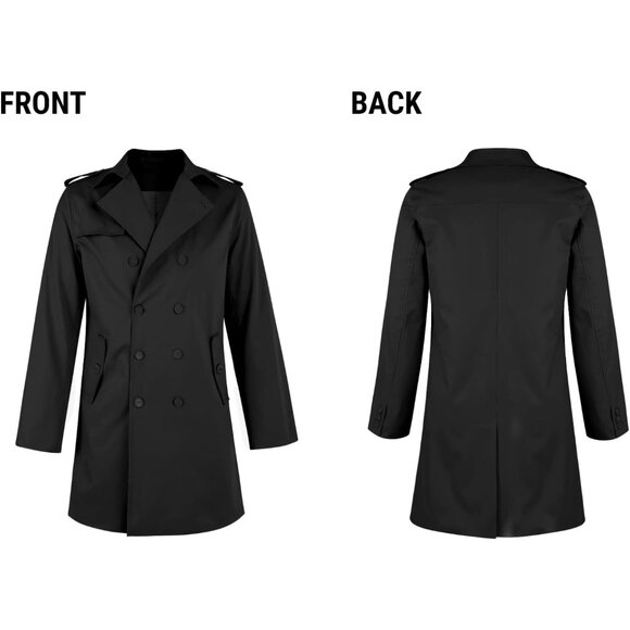 Mens Black Trench Coat Notched Lapel Double Breasted  Windbreaker Overcoat - Picture 5 of 5